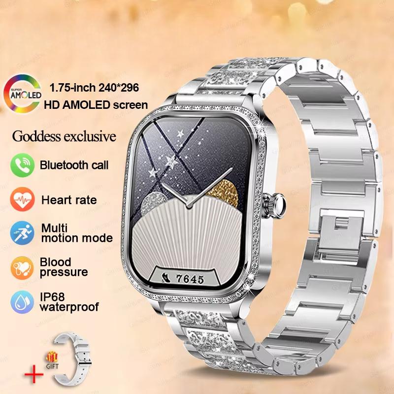2025 Neue Mode Smart 1,75 HD Display Uhr Damen AMOLED Gebogener Bildschirm IP68 Wasserdicht Gesundheit Anruf Smartwatch Apple Watch Damen für Damen Geschenk steel Belt silber