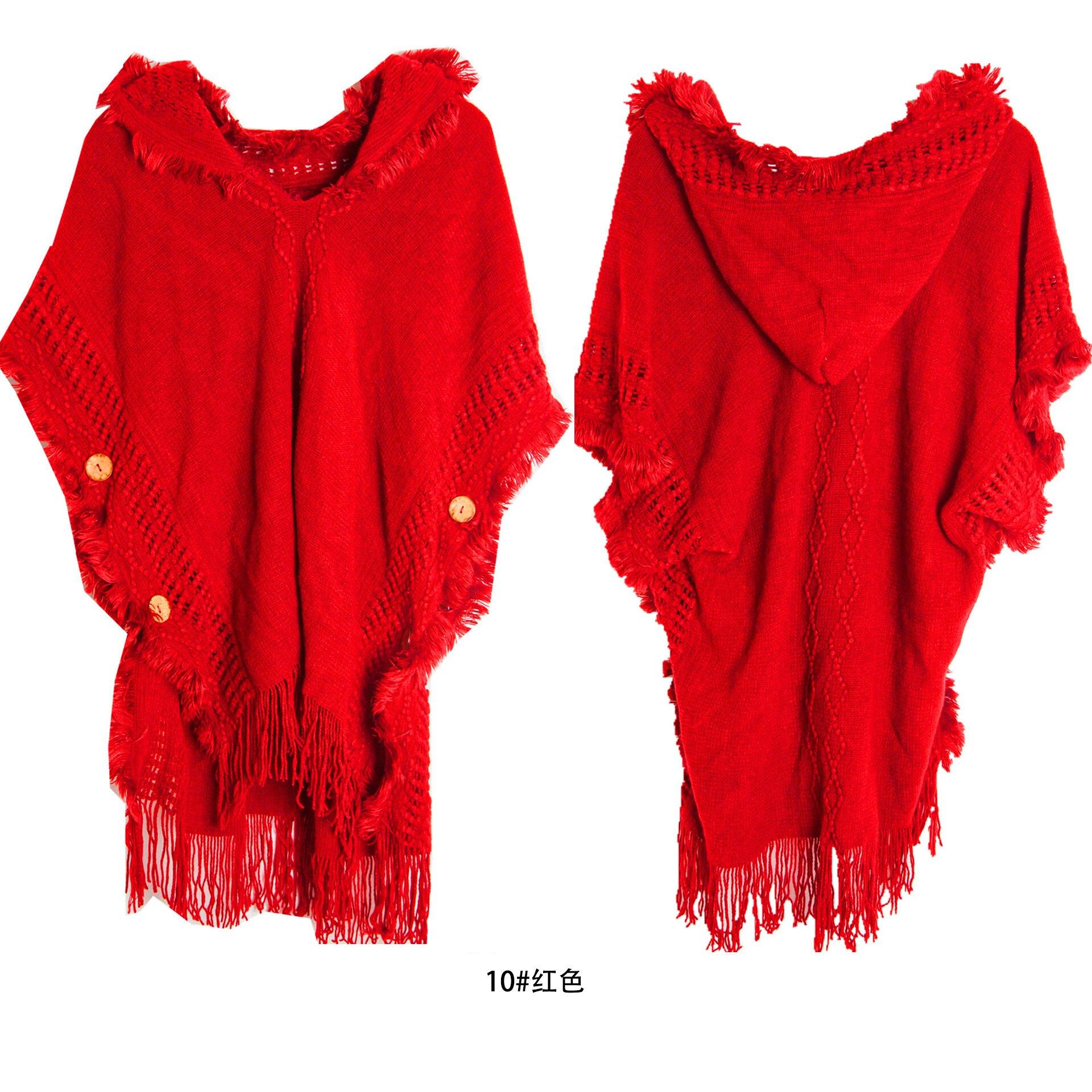 10 farben Frauen Taste Lose Cape Poncho Frühling Herbst Gestrickte Fledermaus Ärmel Pullover Quaste Lange Aus Straße Tragen Pullover Mit hut One Size rot