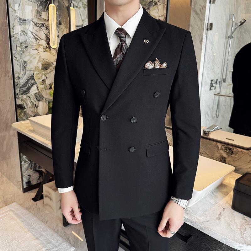 Herren Langarm Schleifenhals Zweireiher Anzug, High-End Business Casual einfarbiger Anzug M schwarz