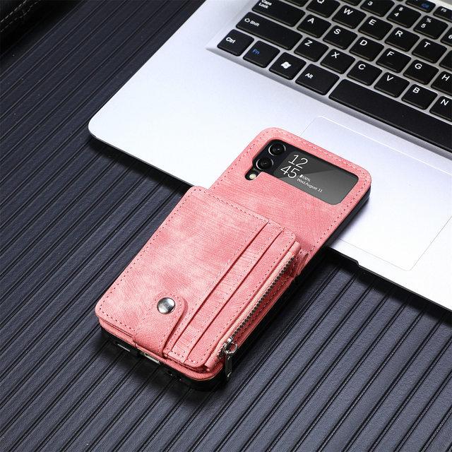 Vollständiger Schutz-Leder-Handyhülle für Samsung Galaxy Z Flip 4 5g Flip4 Zflip4 Flip 3 Flip3 Kartensteckplatz Klapphülle for Samsung Z Flip 4 rosa