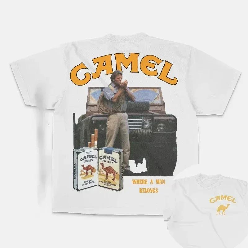 Retro Auto Camel Zigaretten T-Shirt Vintage Baumwolle Oberteile T-Shirts Kurzarm Lässig Streetwear Übergroß Damenbekleidung Harajuku M