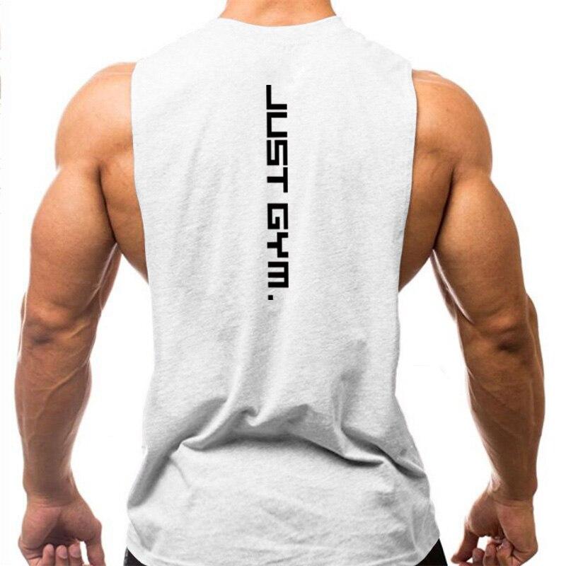 Marke Just Gym Clothing Fitness Herren-T-Shirts mit abgeschnittenen Seiten, Bodybuilding, tiefe Armlöcher, Tank-Tops, Workout, ärmellose Weste M weiß