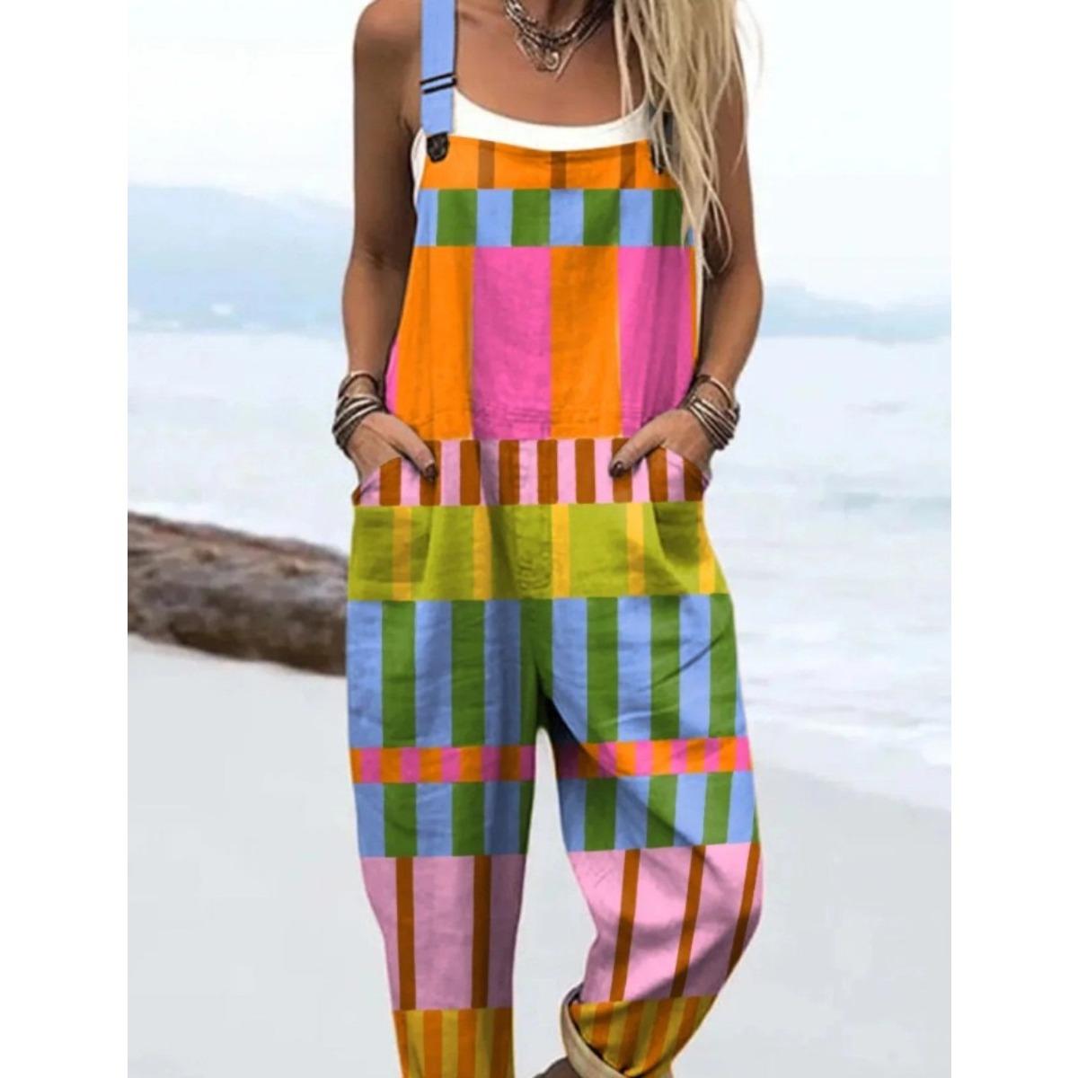 VIONA Modischer Jumpsuit, Geknöpfter Latzhose Casual Jumpsuit, Digital 3D Bedruckter Jumpsuit, Sommer Leichte Baumwolle Overalls 5XL