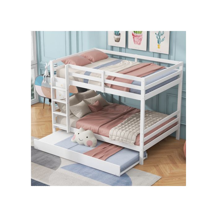 Etagenbetten 140*200cm, Kinderbetten, Etagenbetten mit Ausziehbett, Hohe Gitter, Stabile Treppe, Weiß weiß
