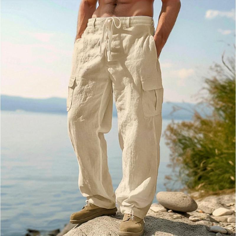 Atmungsaktive Baumwoll- und Leinen-Arbeitskleidung mit mehreren Taschen, lockere und lässige Weitbein-Hose, Herren-Freizeithose XXL khaki