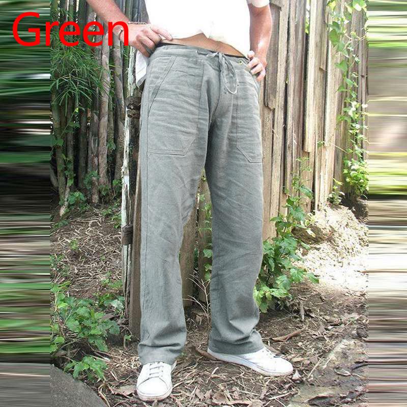 Mode Luxus Männer Natur Baumwolle Leinen Hosen Sommer Jogger Hosen Männliche Feste Elastische Taille Hose Gerade Lose Lauf Hosen plus Größe M grün