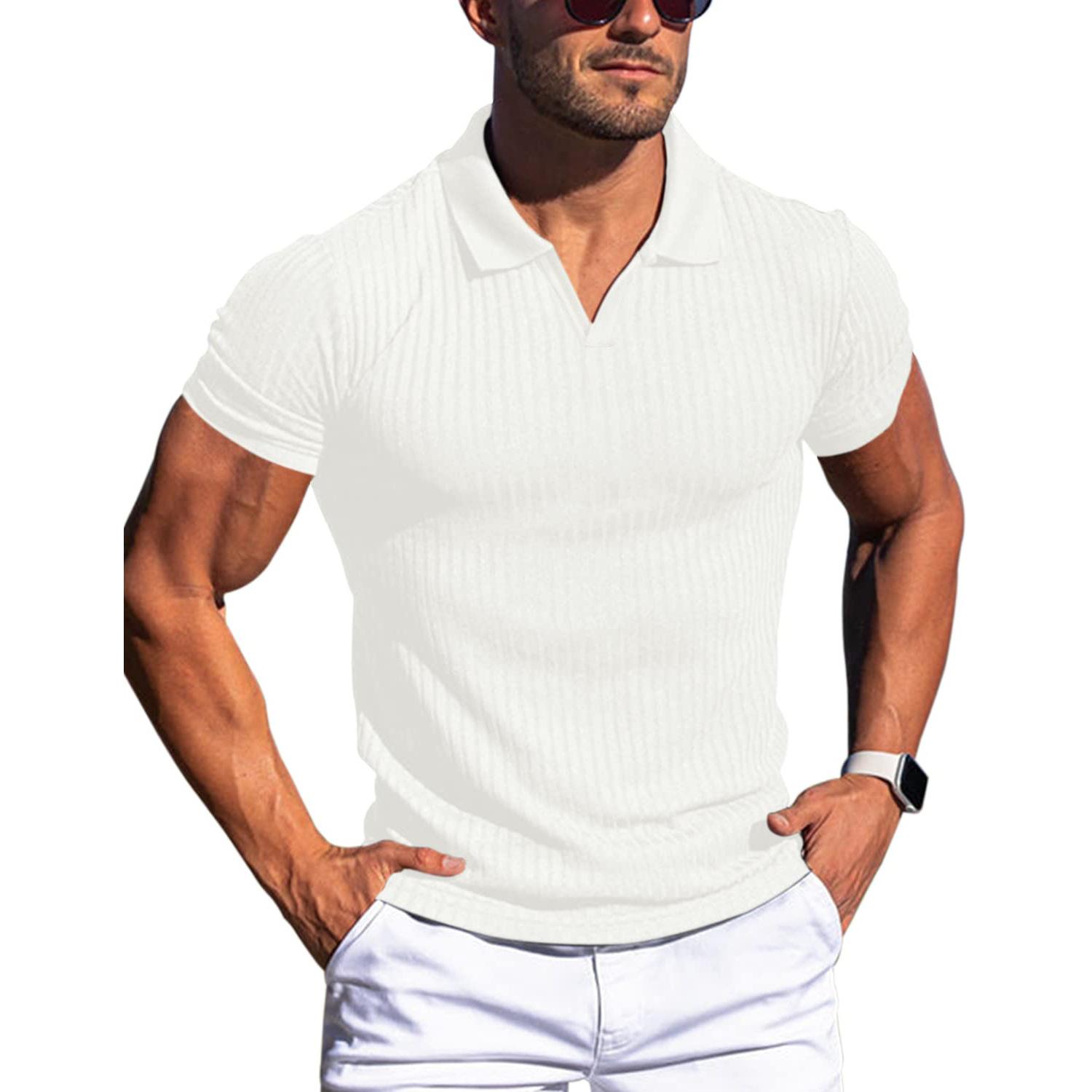 Herren-Poloshirts mit V-Ausschnitt und Muscle-Car-Design, Slim Fit, kurzärmlige Golf-T-Shirts, weiche Rippstrick-T-Shirts, Sommerpullover mit Kragen für Männer, atmungsaktive T-Shirts L weiß