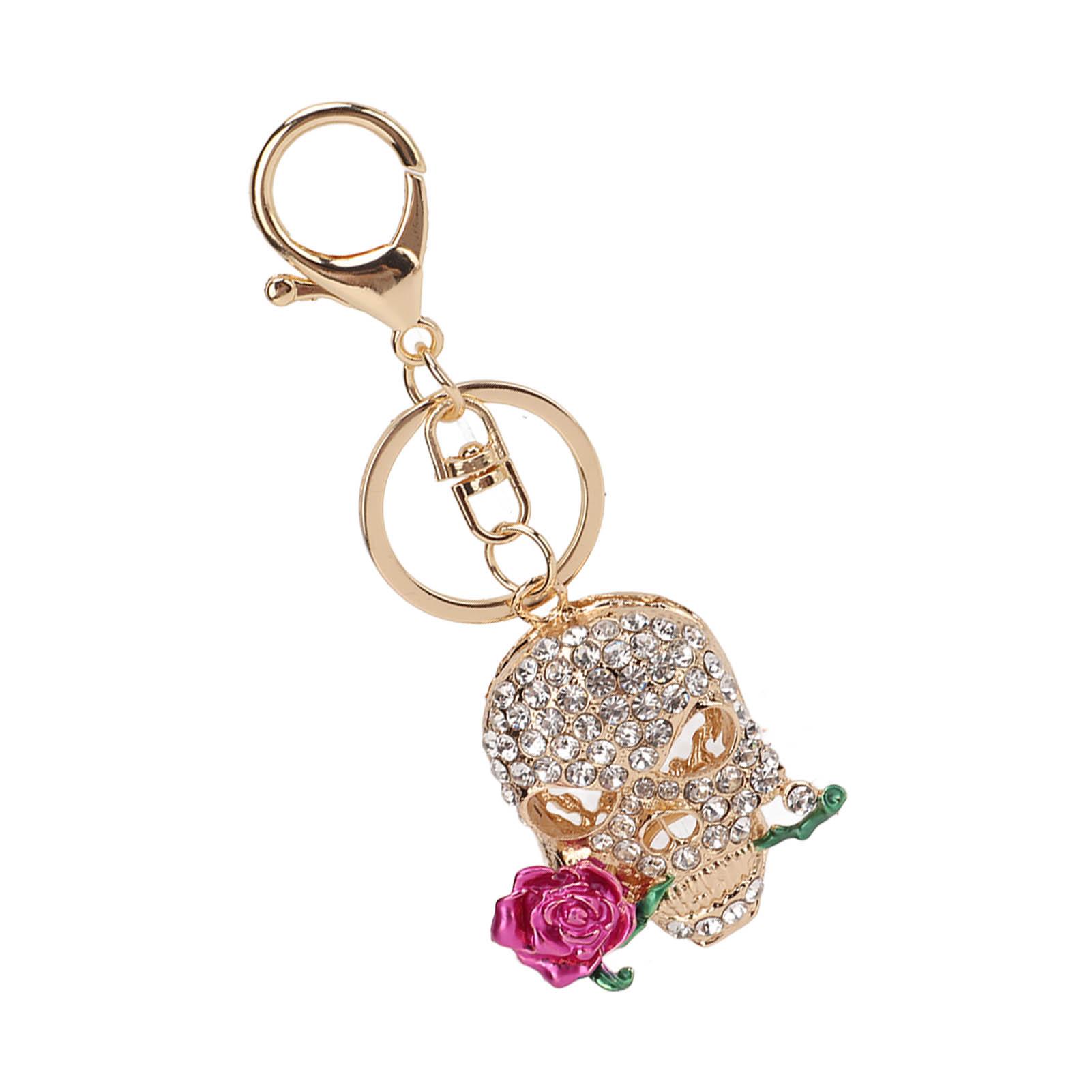 Totenkopf-Schlüsselanhänger, Totenkopf-Rose, Blumen-Totenkopf, Auto-Schlüsselanhänger mit Schlüsselringen, Haken, cooler Schlüsselanhänger fürs Auto rosa