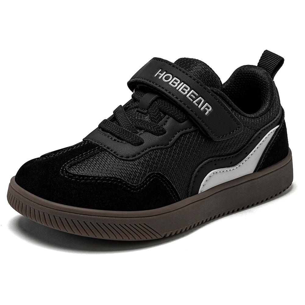 HOBIBEAR Kinder Weite Zehen Barfußschuhe Klettverschluss Minimalistische Sneaker Kunstleder Netz Retro Wanderschuhe für Großes Kind 33 schwarz