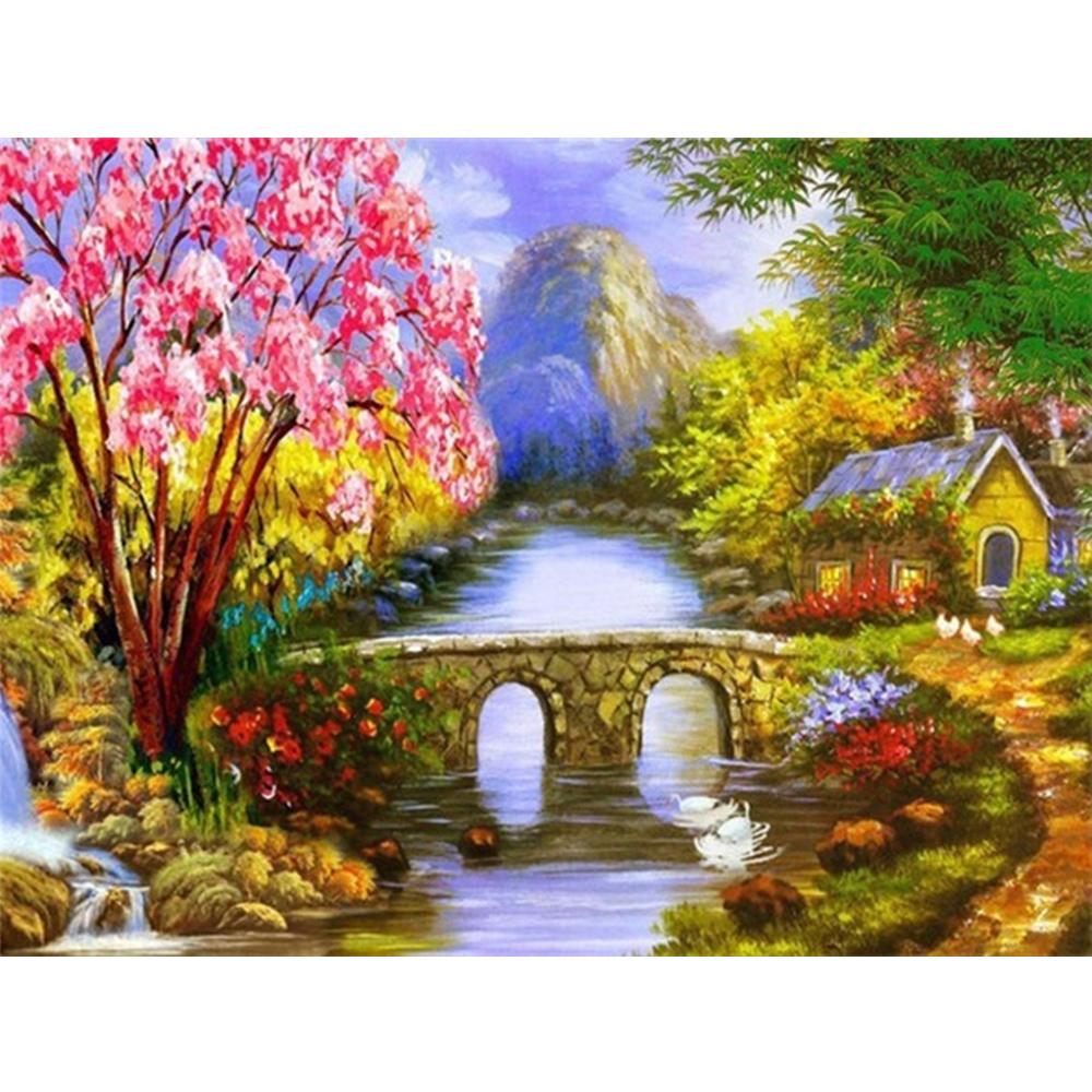 Vollquadrat Diamant Malerei Garten Kreuzstich Diamant Stickerei Landschaft Kirschblüten Mosaik Haus Dekor für Zuhause Full Round 40X50CM dunkel rosa