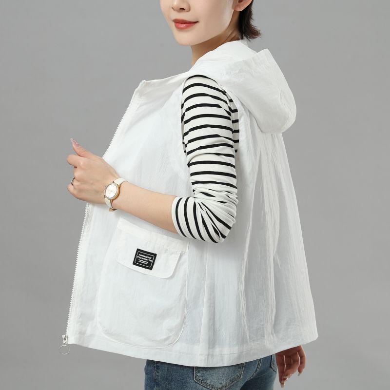Damen Weste mit Kapuze, sonnenfest, Frühling/Sommer, lässig, ärmellos, dünn, kurze Jacken, Damen-Oberteile, Oberbekleidung XXXL weiß