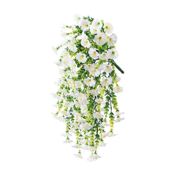 Künstliche Petunien zum Aufhängen, UV-beständig, Kunstpflanzen für den Außenbereich, gefälschte Petunienstreifen, Frühlings- und Sommerdekor für Zuhause, Kaminsims, Tür, Veranda, Terrasse weiß