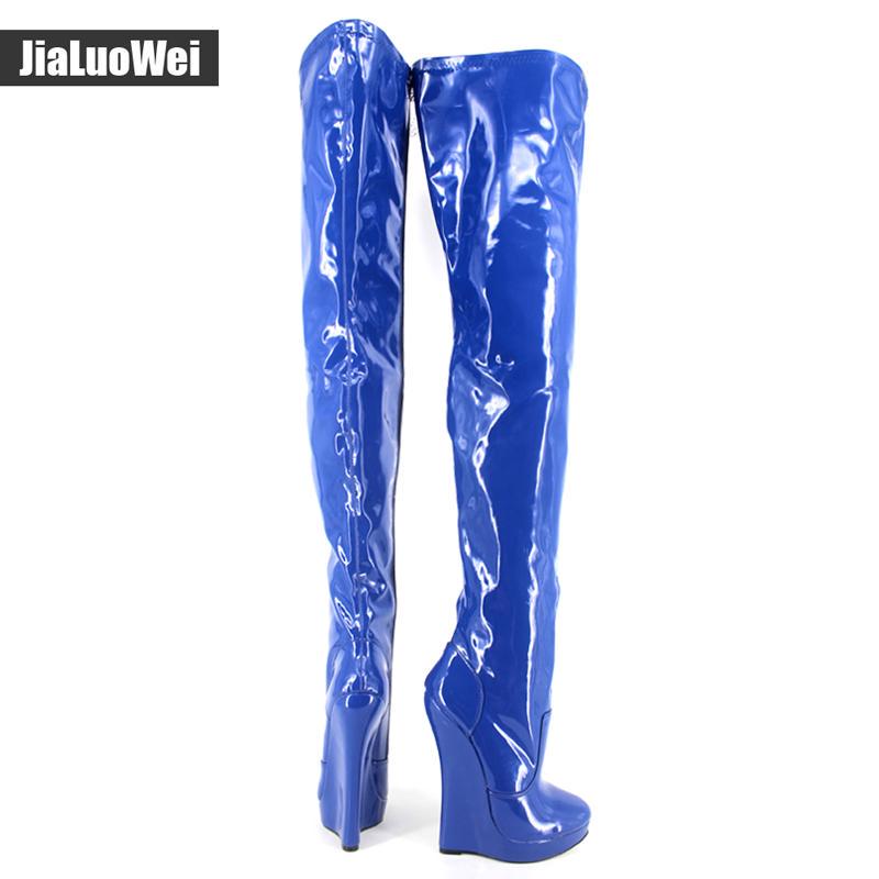 18 cm hohe Keilabsatz-Stiefel, Plattform, sexy Fetisch, SM, atemberaubende schlanke Overknee-Oberschenkelhohe Stiefel, Unisex, Übergröße 36–46 43 blau