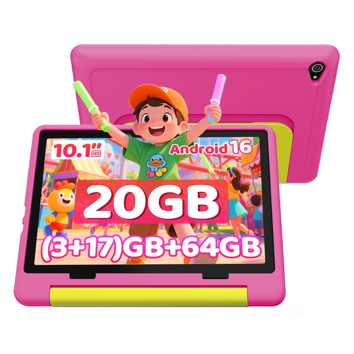 Android 16 Kinder-Tablet, 10,1 Zoll, 20 GB RAM + 64 GB ROM, Schutzhülle rosa