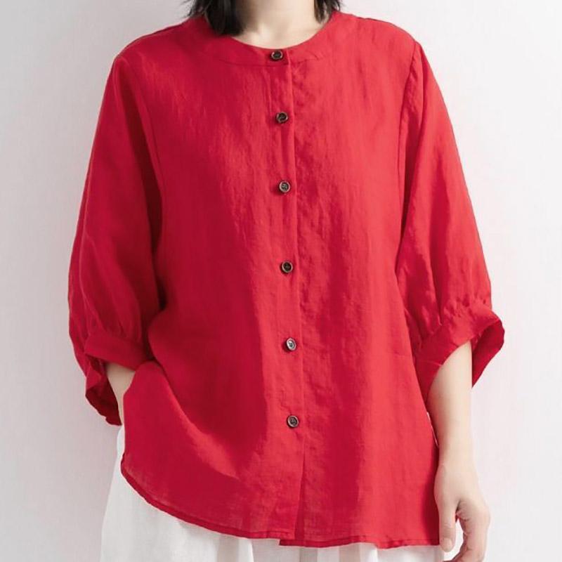 Sommer Einfarbig Baumwolle Leinen Hemd Frauen Plus Größe Halbe Hülse Bluse Lose O Neck Button Up Übergroßen Shirts Damen tops 3XL rot