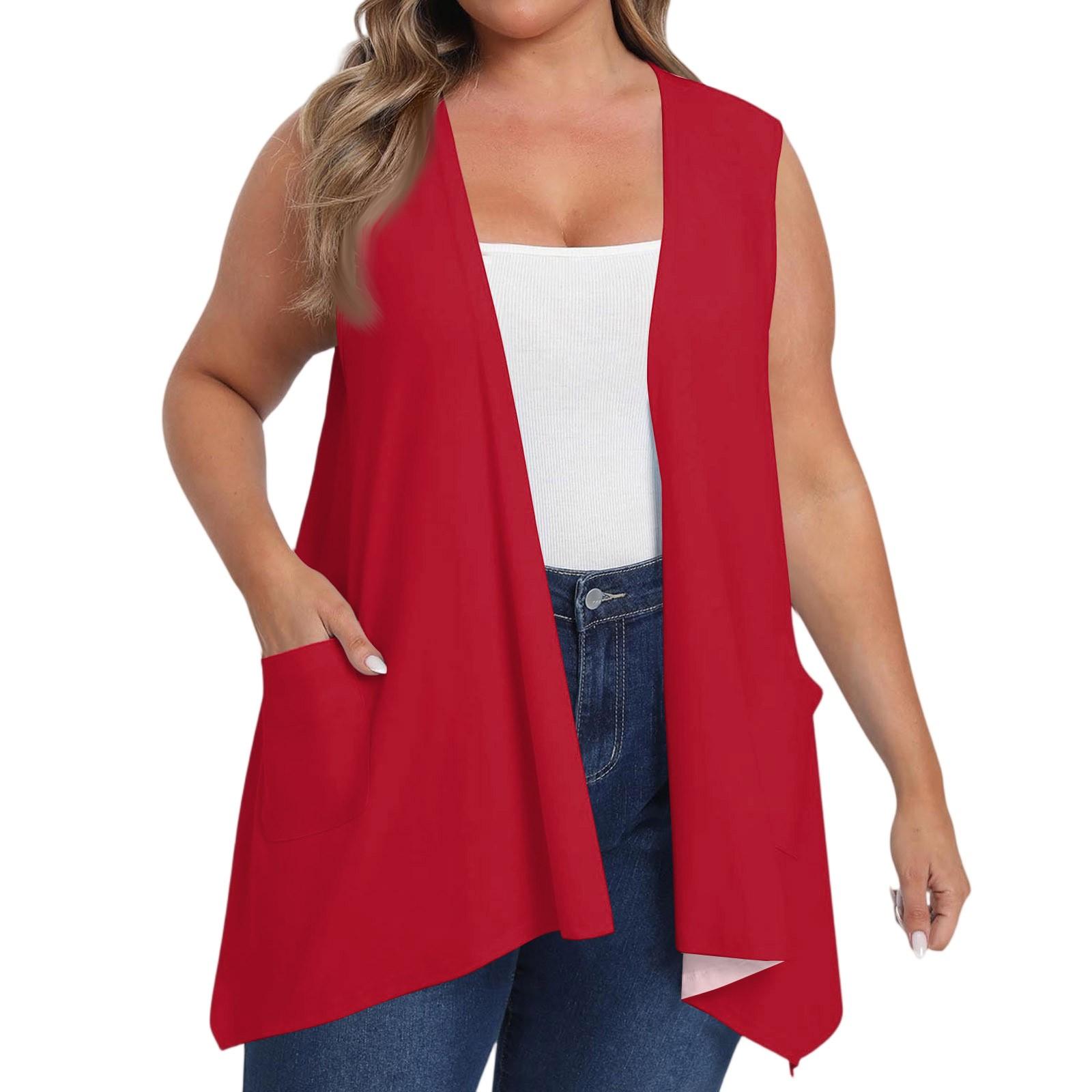 Damen Übergröße Locker Lässig Einfarbig Ärmellose Weste mit Tasche Strickjacke Jacke Strickjacke Jacke XXXXL rot