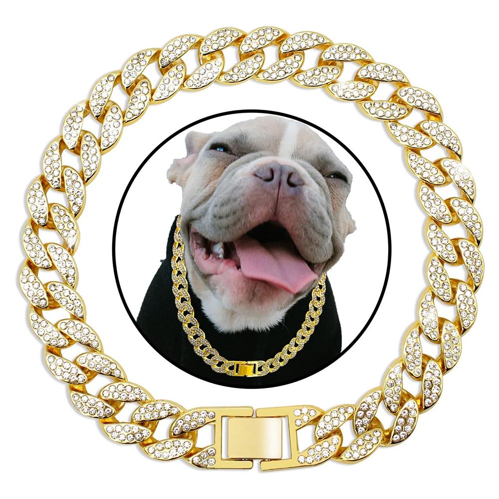 Hund Kubanische Goldkette Luxuriöses Diamant-Hundehalsband Haustier Metallhalskette Schmuck Zubehör Für Kleine Mittlere Große Hunde Katzen Haustier Geschenk 18inch (45cm) gold