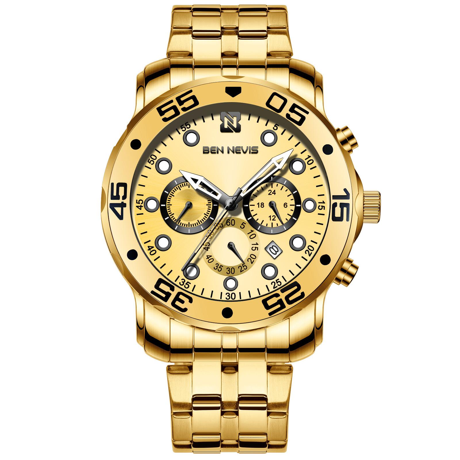Herrenuhr aus Gold, 46 mm, großes Zifferblatt, wasserdicht, Sport, multifunktional, leuchtend, Business-Kalender, Chronograph, Herrenuhr gold
