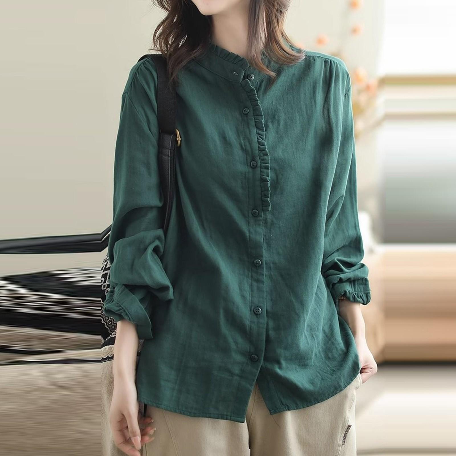 Vintage Baumwoll-Leinen-Hemden und Blusen Sommer Herbst Lässiges Langarmhemd Rüschen Button Up Shirt Übergroße Blusen Tops XXL grün