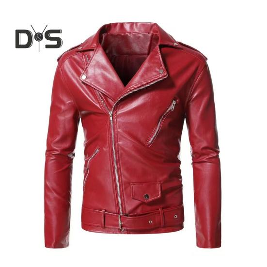 Herrenjacke Slim Fit Kunstleder Einfarbig Mantel mit Diagonal Reißverschluss Gürtelverstellung Winddichter Mantel M wein rot