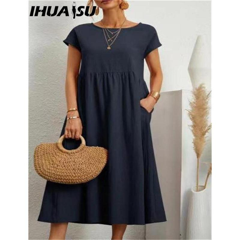 IHUASU Sommer Lässiges Lockeres Kleid Damen Kurzarm O-Ausschnitt A-Linie Damenkleid mit Tasche Büro Damen Baumwolle Leinen Kleider XXXL navy blau