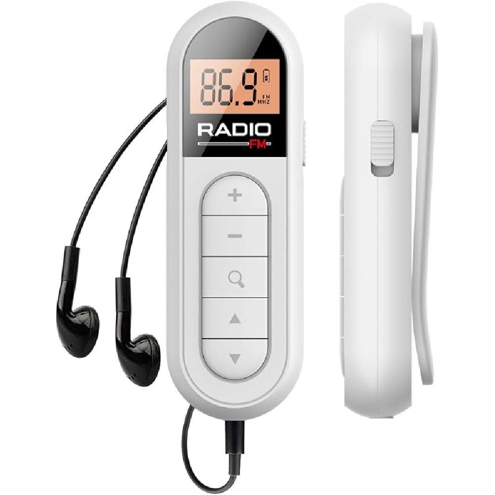 UKW-Walkman-Radio, 300 mAh, wiederaufladbar, tragbares Taschen-Transistorradio, LCD-Digital-Tuning mit Hintergrundbeleuchtung, Stereo-Sound, Gürtelclip für weiß