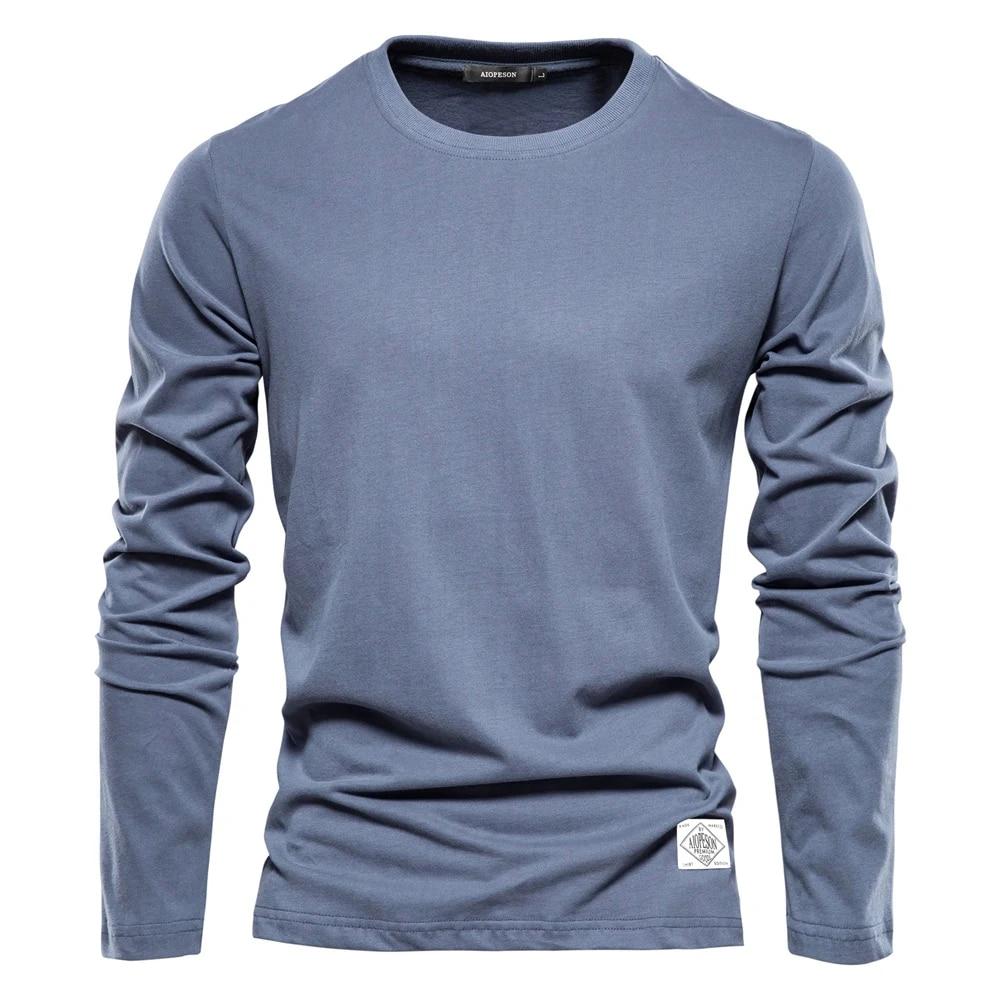 100 % Baumwolle Langarm T-Shirt für Männer Solide Frühling Casual Herren T-Shirts Männliche Tops Klassische Kleidung Herren T-Shirts L blau