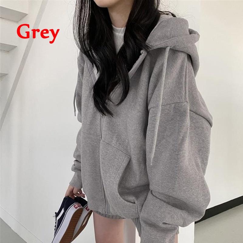 Damenmode Herbst und Winter Fleece Warme Kapuzenmäntel Einfarbig Langarm Oversize Hoodie Lässig Lose Kapuzenpullover Reißverschlussjacken XL graue