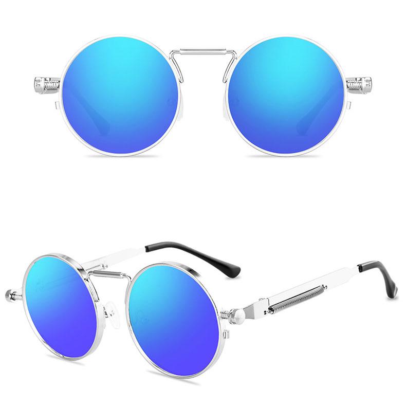Klassische Punk-Sonnenbrille für Damen, entspiegelter Spiegel, runde Sonnenbrille aus Metall, Vintage, für Herren, nicht polarisierte Brille silber/blau