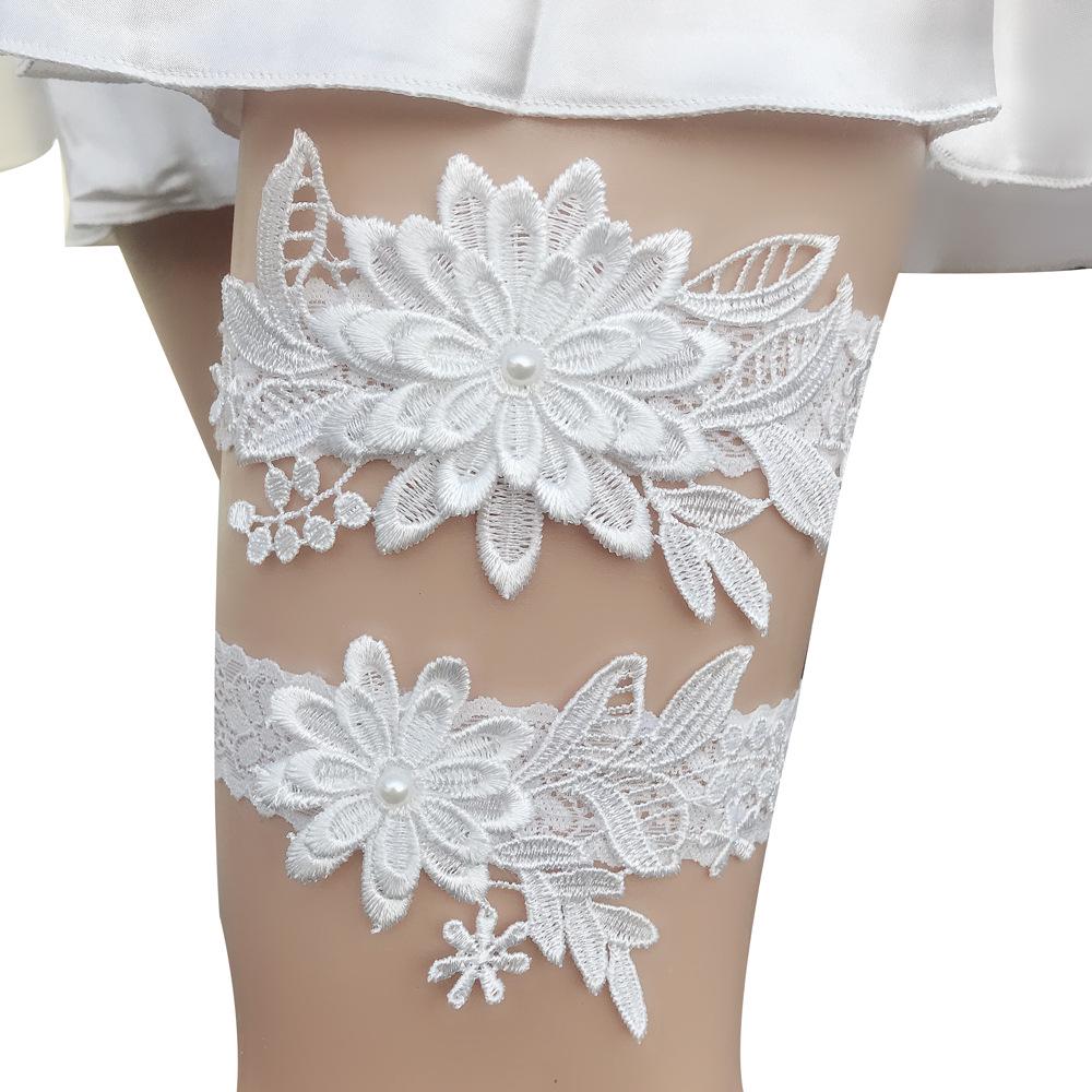 2 Stück Hochzeits-Strumpfband, marineblau, weiß, Stickerei, Blumenmuster, Strumpfbänder für Damen/Frauen/Braut, Oberschenkelring, Brautspitze, Beinring, Schleife Uniform code weiß