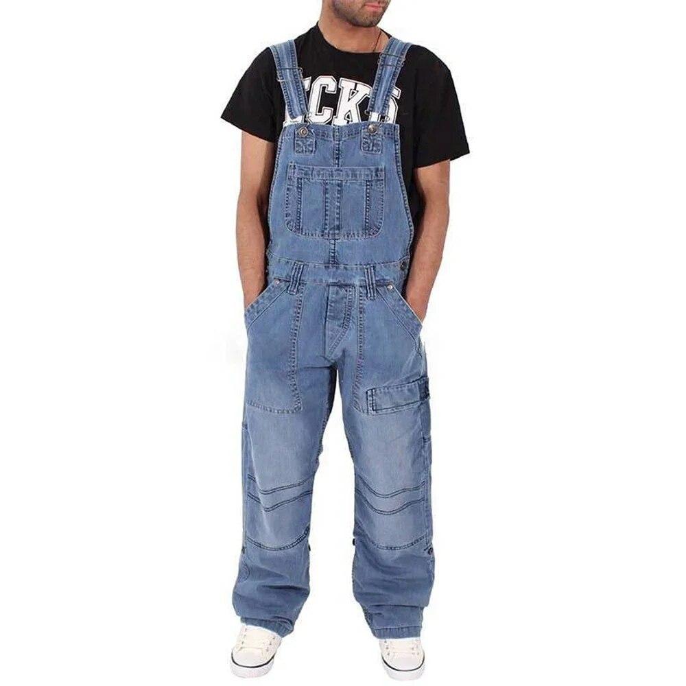 Herren Street Denim Arbeitshose Lockerer Multi-Pocket Casual Workwear Hosenträger-Overall 2XL blau