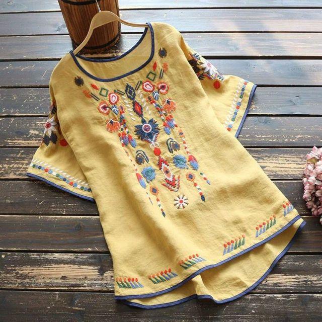 Stickerei Baumwolle Damen Shirt Sommer & Frühling Bluse Tops Kleidung für Damen Kleidung XL gelb