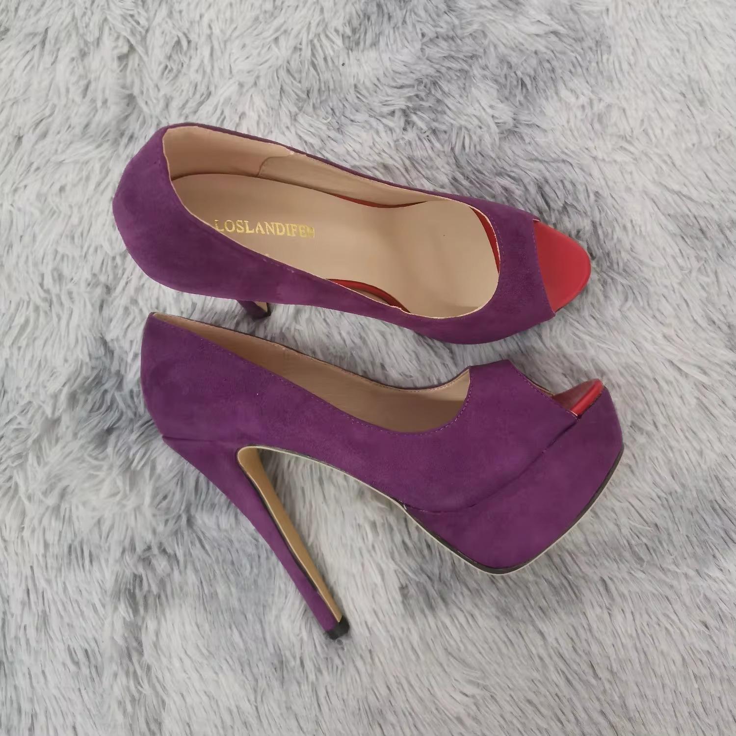 Loslandifen Damen Pumps Mode Sexy High Heels Peep Toe Samt Pumps Plateau Dame Abend Schwarz Party Club Rot Hochzeitsschuhe 44 violett