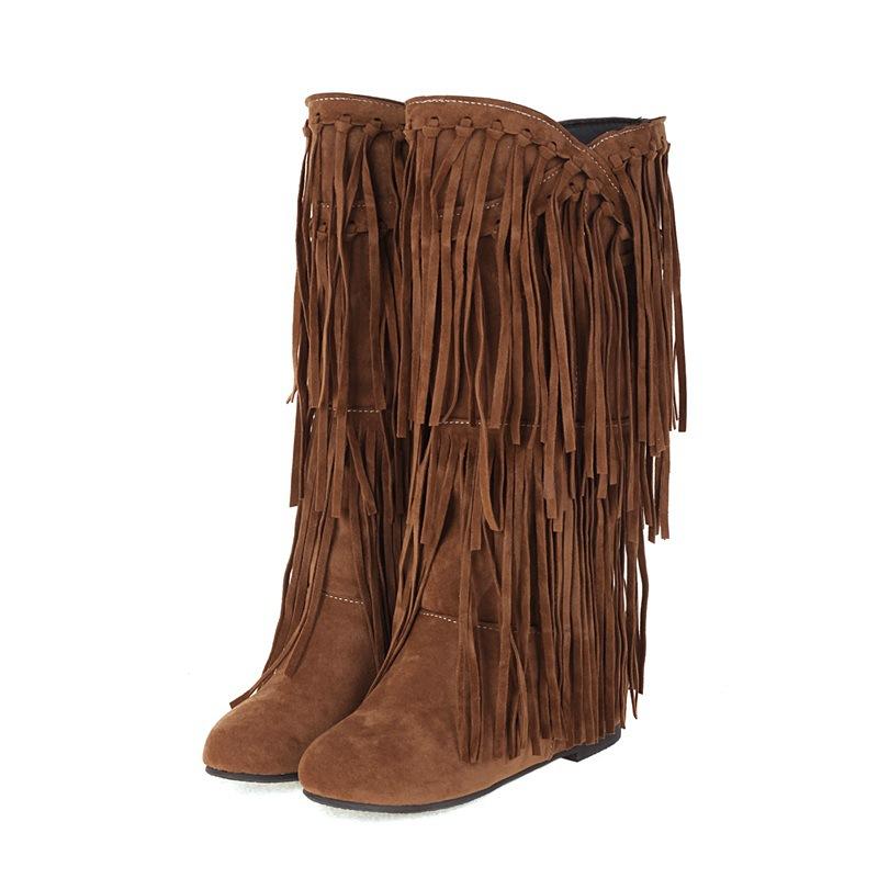 Herbst Winter Damen Stiefel Mode Quaste Wildleder Damen Hohe Stiefel Luxus Lässig 3cm Niedrige Absätze Mode Lang Party Schuhe Weiblich 38