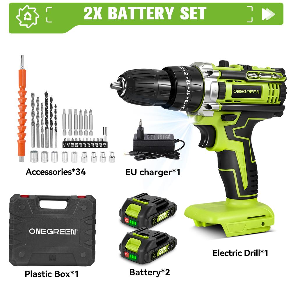 ONEGREEN 25+3 Drehmoment Elektro-Schlagschrauber 2 Gänge Einstellbarer Akku-Elektroschrauber Elektrowerkzeug Für Makita 21V Akku Stift 2 Battery Set