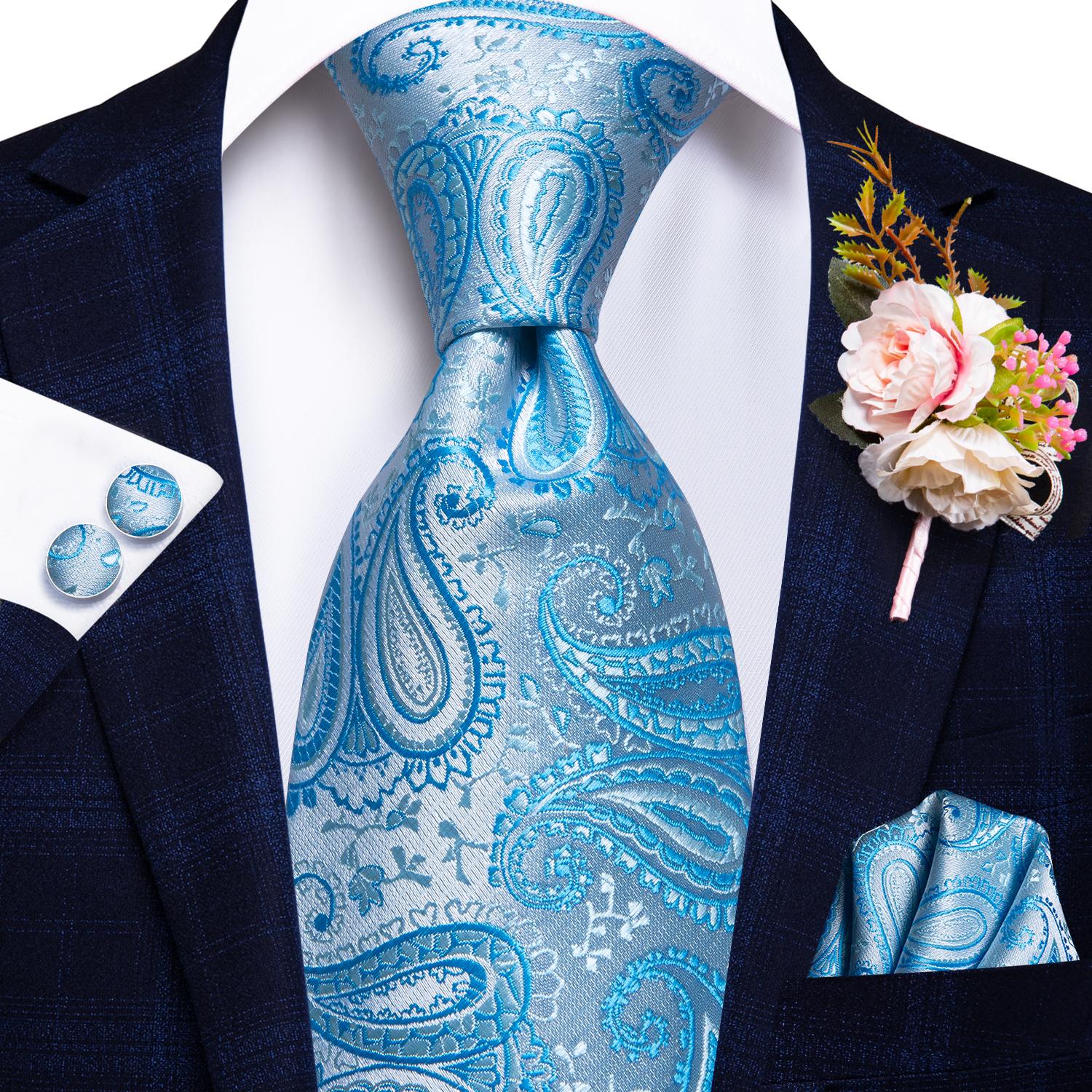 Hi-Tie Herren Seidenkrawatte Bräutigam Hochzeitsanzug Corsage Krawatte Einstecktuch Manschettenknöpfe Set N-0476