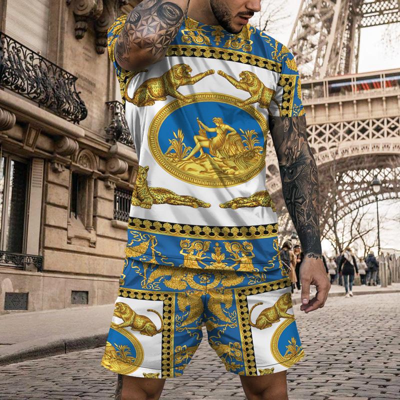 Sommer Männer T Shirt Set Mode Goldene Leopard Trainingsanzug Casual Kurzen Ärmeln T-shirt + Shorts Übergroßen Sport Anzüge Kleidung Outfit XXXL