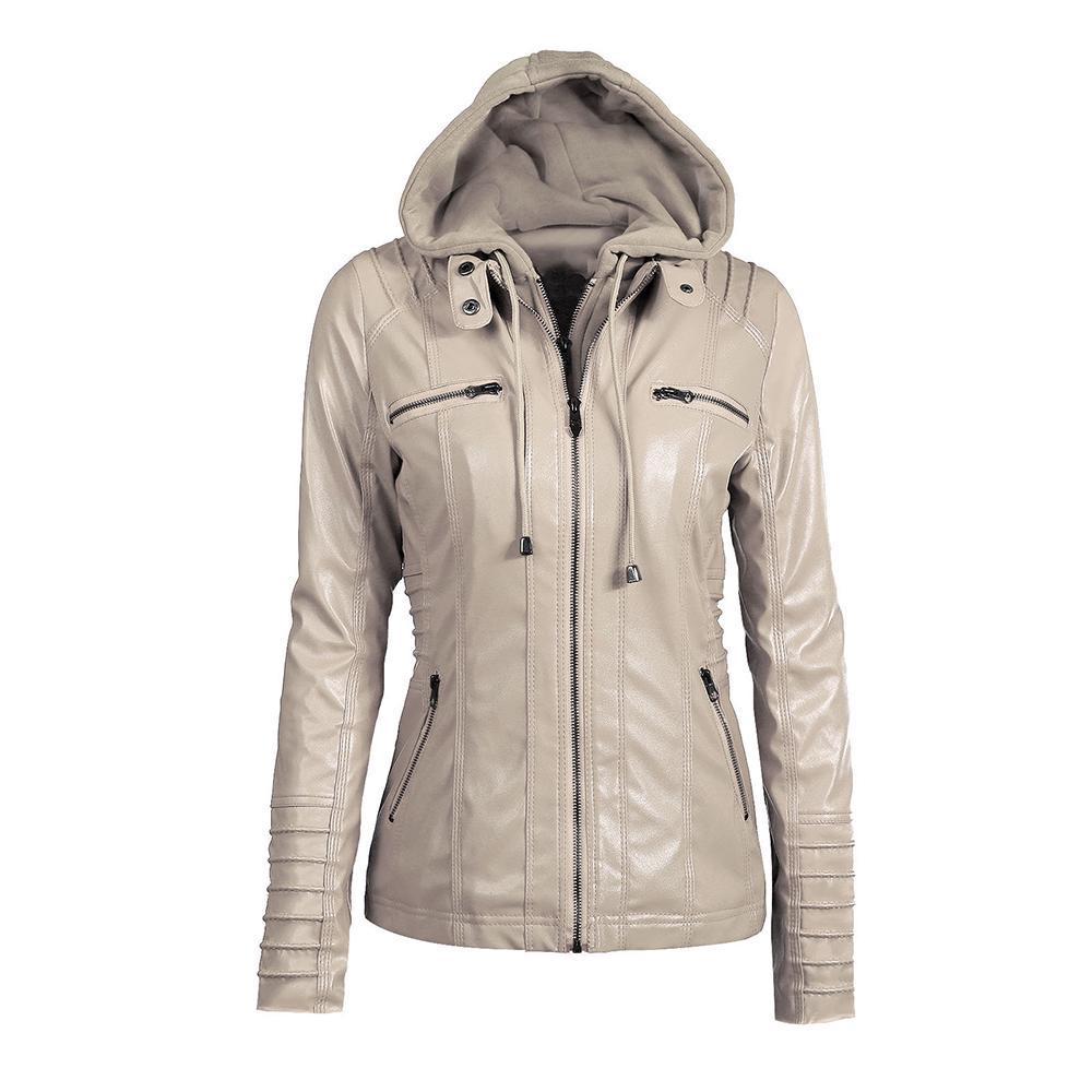 MakeWishes Plus Größe S-7XL Frauen Leder PU Mit Kapuze Zipper Motorrad Biker Jacke Mäntel Herbst Winter Warme Mantel 7XL hellbraun