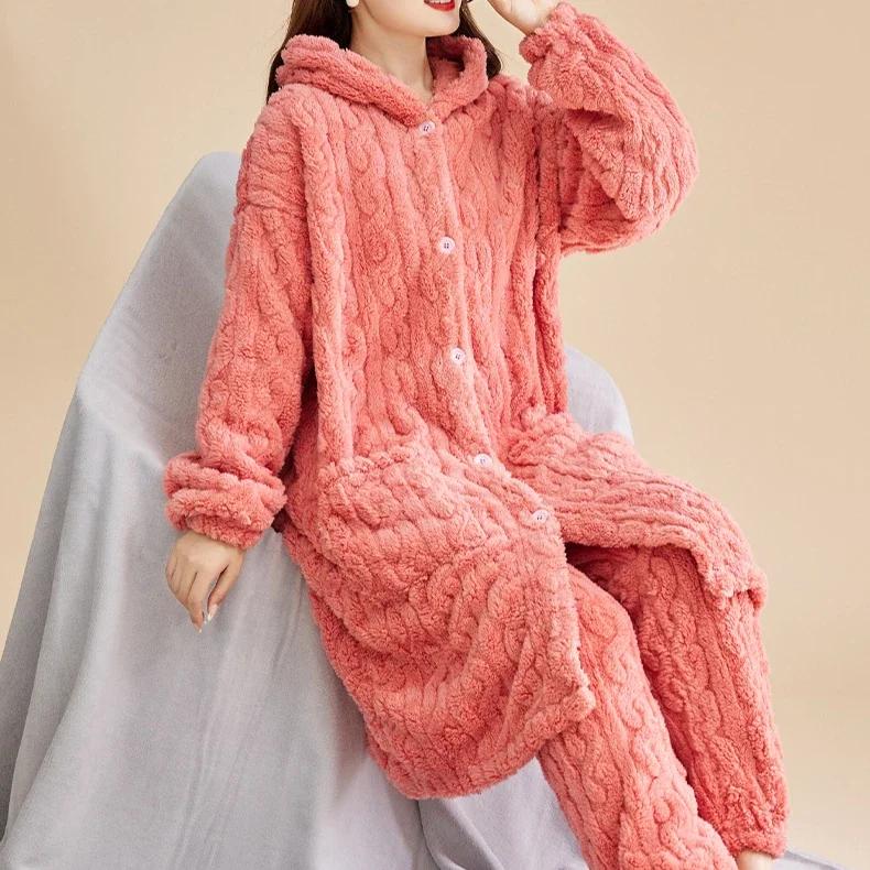 Damen Winter Dickes Pyjama-Set Einfarbig Kapuzenpullover Langes Oberteil und Hose Nachtwäsche 2-teiliges Set für Damen Zuhause Korallenfleece-Pyjama 3XL