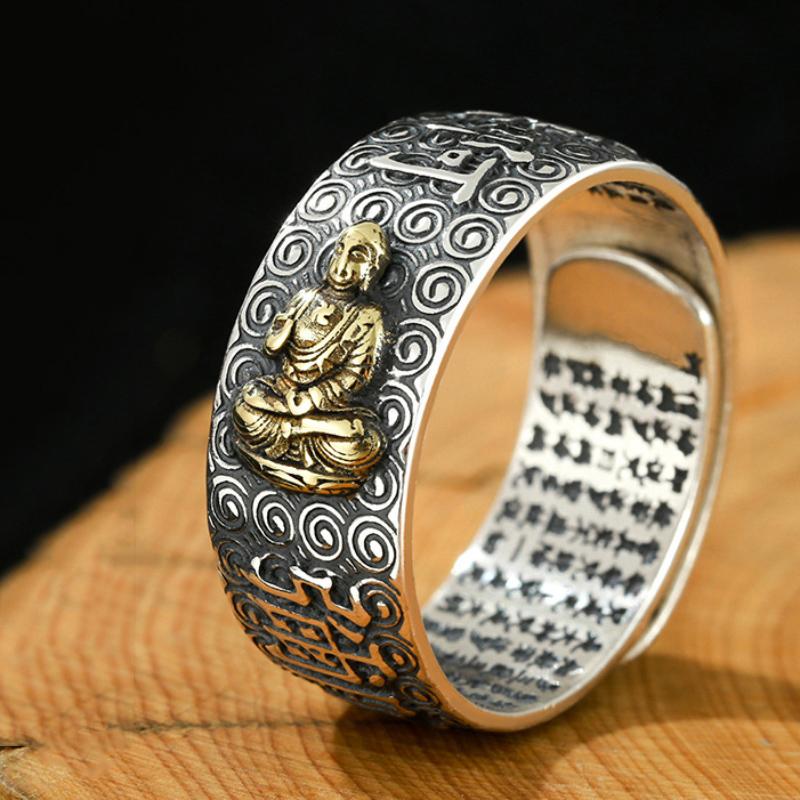 Namo Amitabha-Ring Sterling, geprägt, Retro-Herz-Sutra, Buddha, ethnischer Stil, verschiedene Serien, Herrenringe, Schmuck resizable white