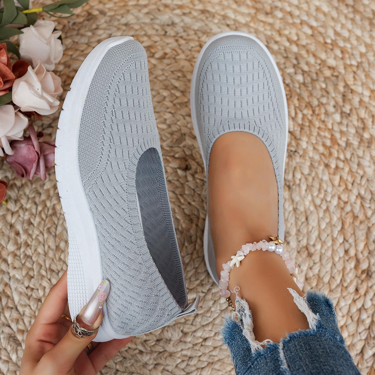 Damen Strickschuhe mit flacher runder Zehenpartie, Damen einfarbige Slip-On Walking Mesh Schuhe, Atmungsaktive Damen Alltagsschuhe 38 grau