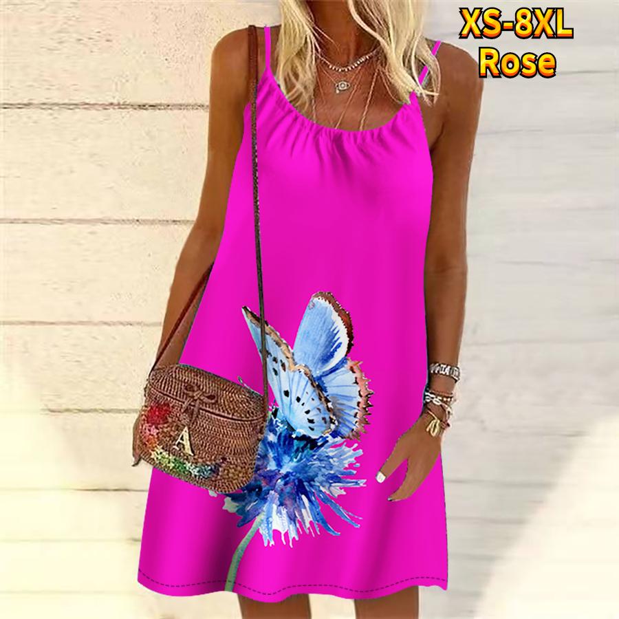Frauen Blume Schmetterling Bestäubung Gedruckt Mini Kleid Ärmelloses Party Kleid Sommer Strand Kleid Sommerkleid 5XL hellrosa
