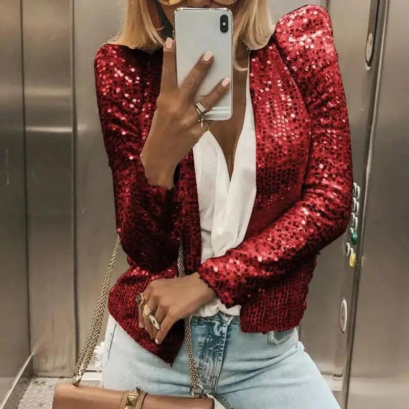 Mode Stehkragen Kontrast Pailletten Mantel Frauen Kleidung Frühling Und Herbst Langarm Jacke Casual Zipper Kurzen Mantel 29445 XXXL rot