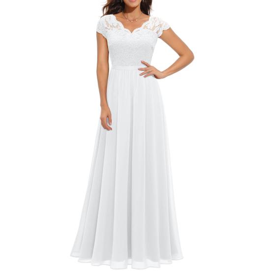 Damen Spitze V-Ausschnitt Abendkleid Lang A-Linie Chiffon Brautjungfernkleid Mutter der M weiß