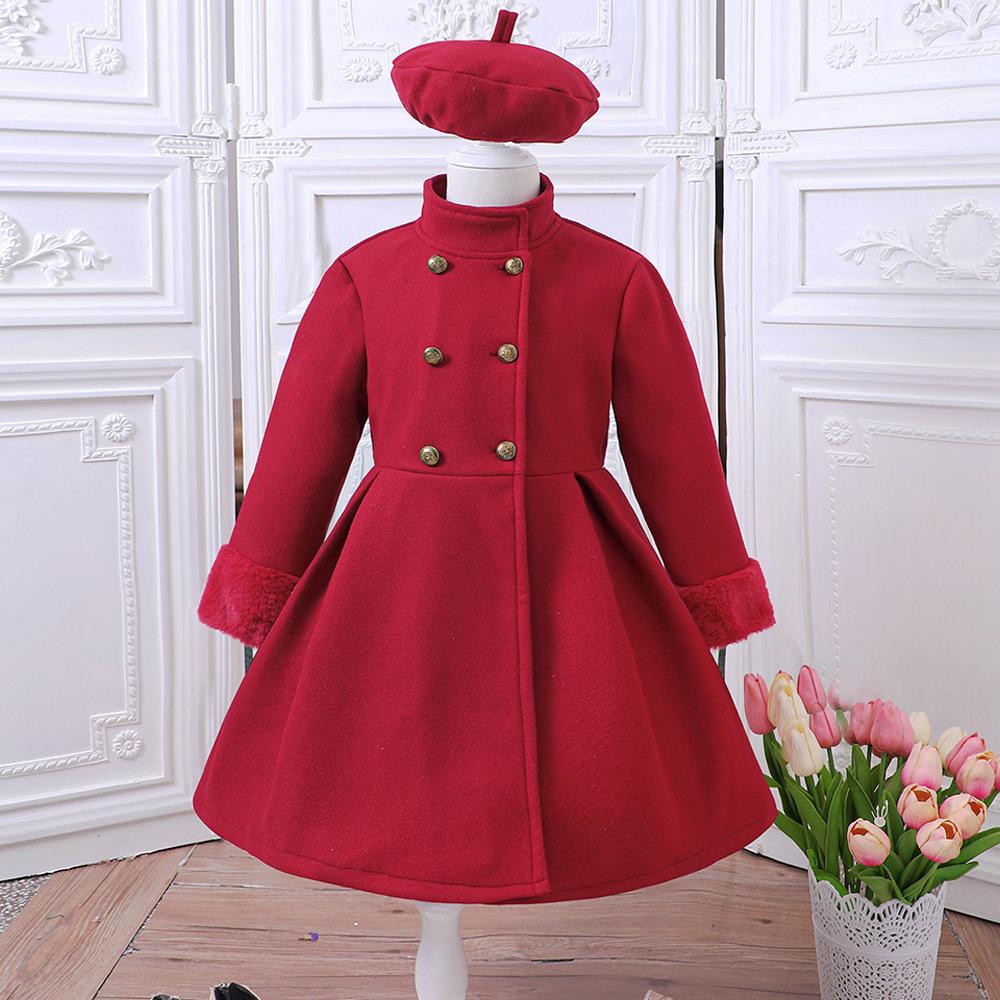 Kinderbekleidung Mädchen Mantel Herbst Winter Stehkragen Bindegürtel Zweireihige Jacke + Hut 7-8Y rot