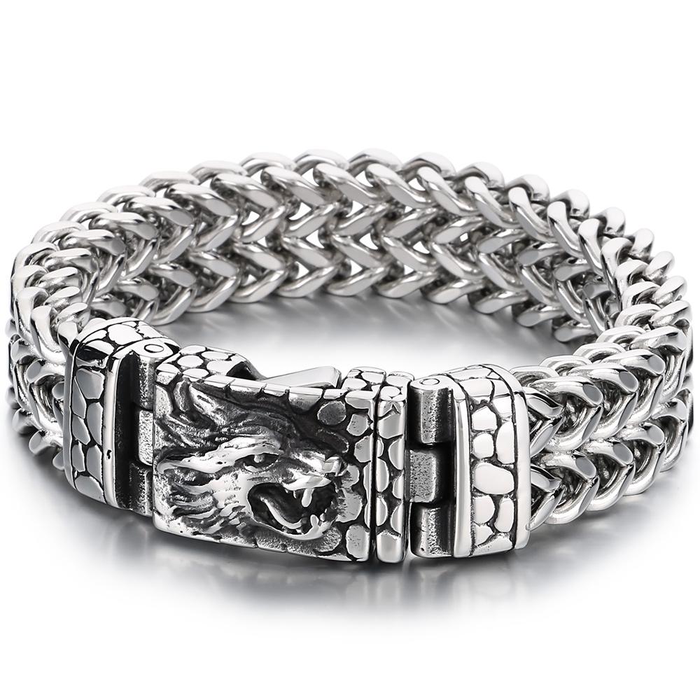 Cooles Punk-Armband mit chinesischem Loong-Drachenkopf für Männer, 16 mm breit, doppellagig, quadratisch, Franco-Kette, Herrenschmuck 21CM silber