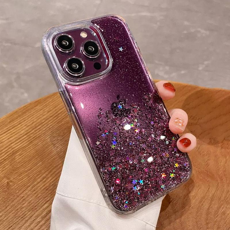 Glitzerfolie Pulverhülle für iPhone 16 Pro Max 15 14 13 Pro 12 11 XS Max XR X Bling Hülle für iPhone SE 2020 8 7 Plus Weiche TPU Clear Cove iPhone 16 Pro Max violett