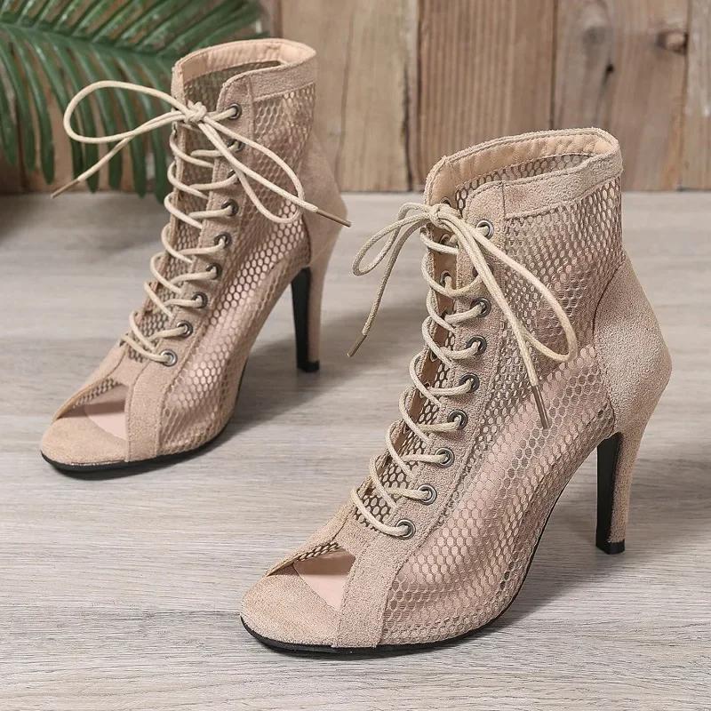 Damen Sandalen 2025 Sommerstiefel High Top High Heels Tanz Ballsaal Damenschuhe Mädchen Mode Party Mesh Cutout Sandalen mit Absatz 39 khaki