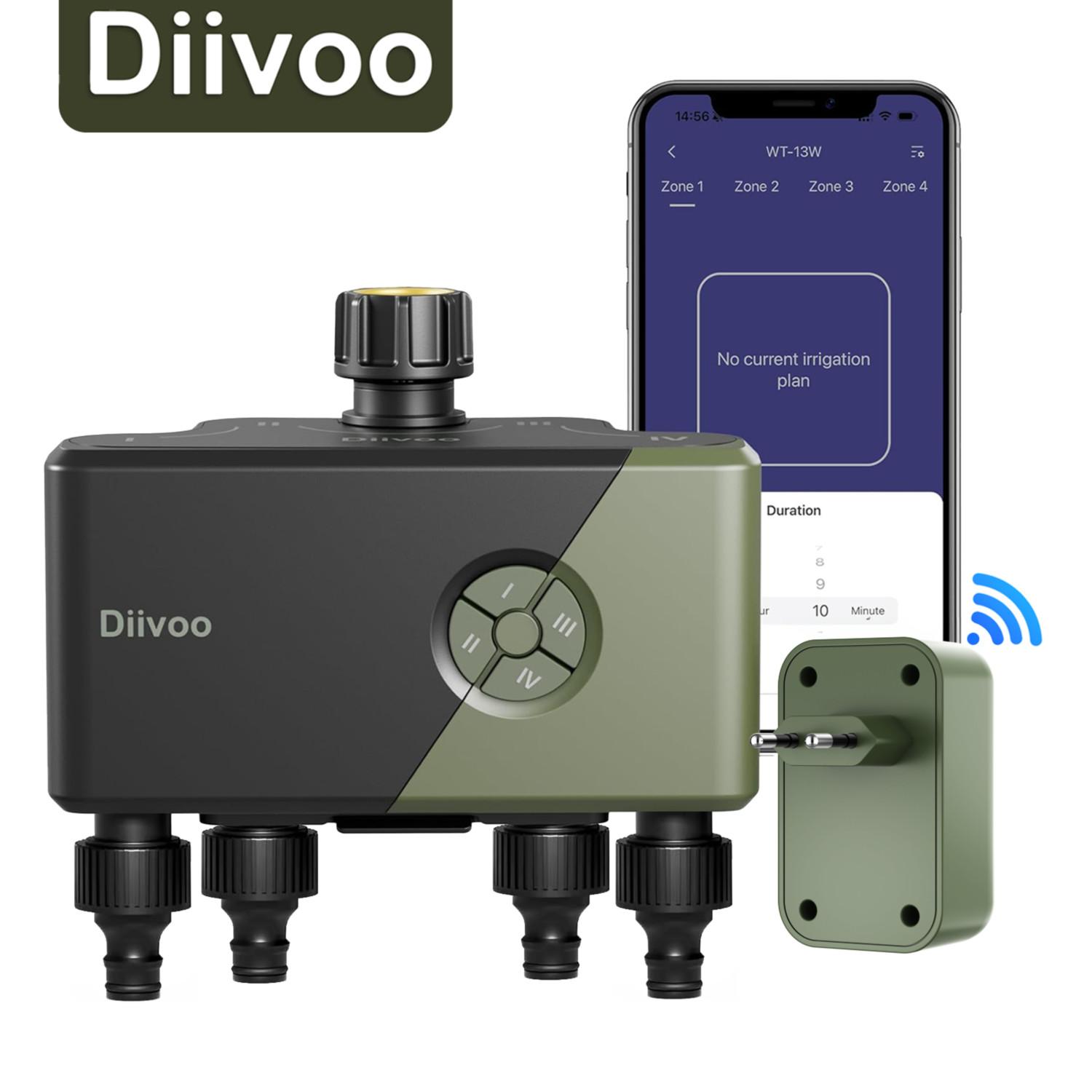 Diivoo Bewässerungsuhr 4 Ausgänge für Gartenschlauch, Programmierbare Automatische Bewässerungsuhr mit Regensensor und Manuell/Automatik-Modus Bewässerung für Rasen, Garten, Pool 4 zone grün