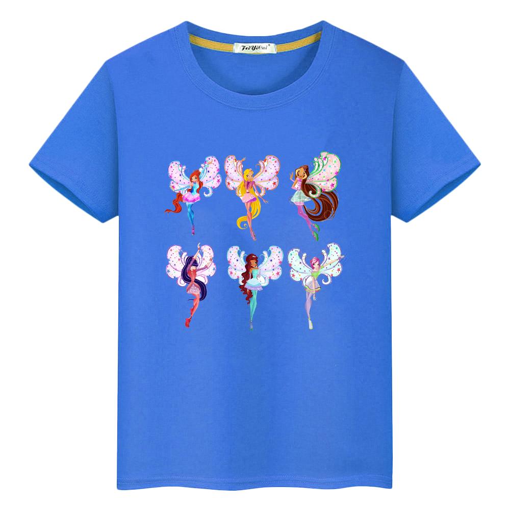 Winx Cartoon 100% Baumwolle Print T-Shirt für Kinder Jungen 10 Jahre Winx Anime Kurze süße Tops Mädchen Kleidung Y2k Stolz T-Shirt Babykleidung 150 blau